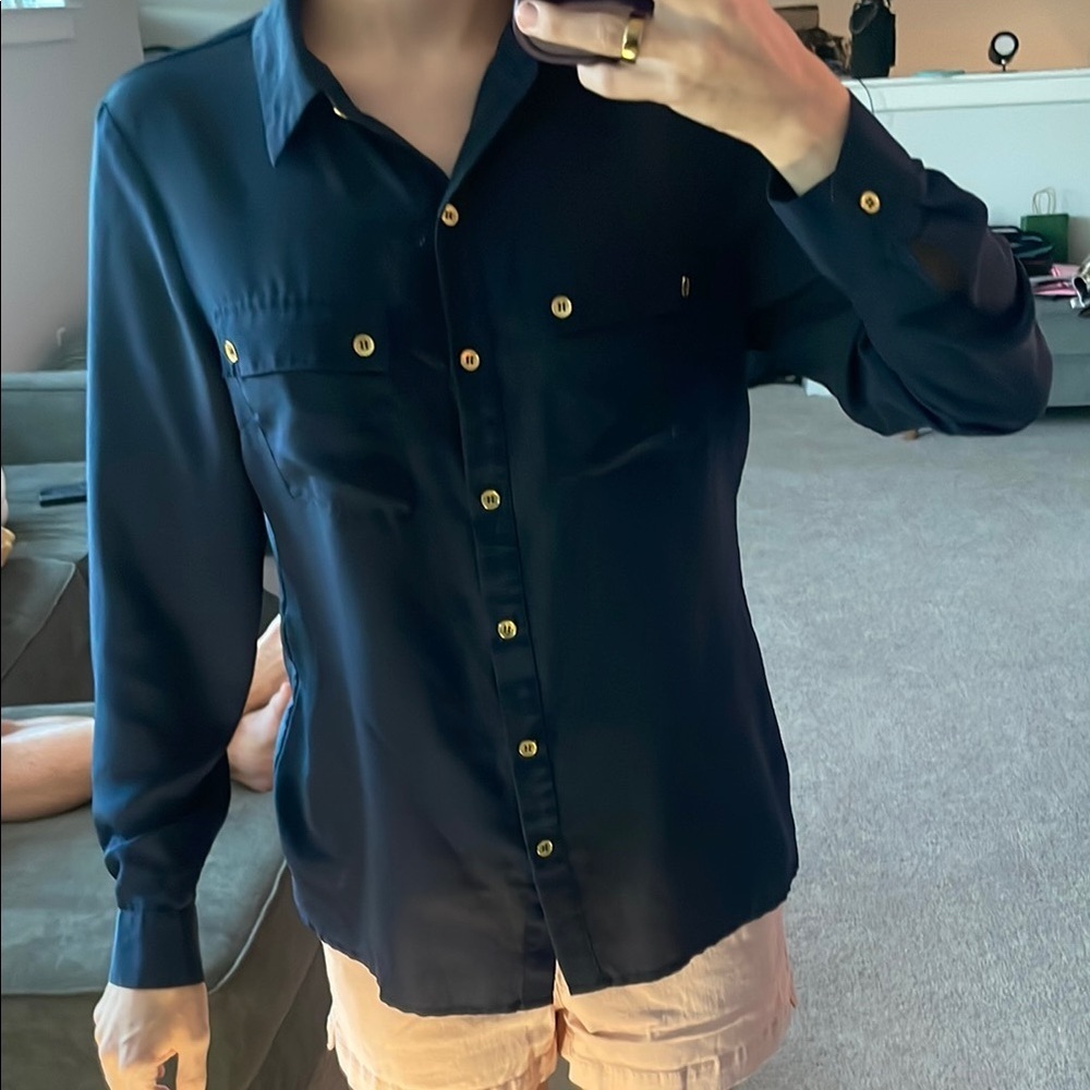 Jones New York Blue and Gold Fitted Blouse